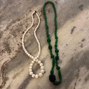 Vintage Green and White Beaded Necklaces, pecking glass milk glass?